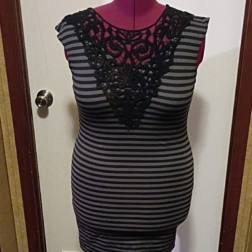 Ruby Rox Black and Gray Striped Midi Dress